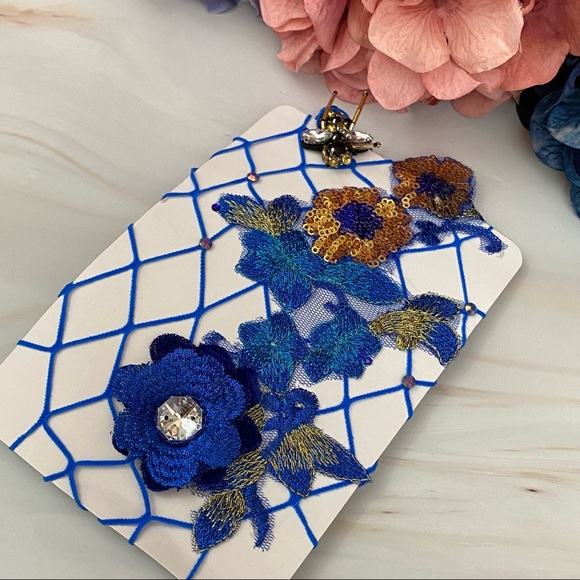 Haute Couture Blue Diamond Fishnet Stockings with 3D Flowers & Crystal Bumblebee - Picture 10 of 16